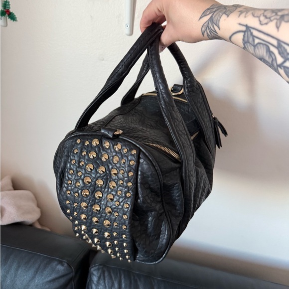 David Jones Black Leather Satchel with Gold Studs - Picture 4 of 11